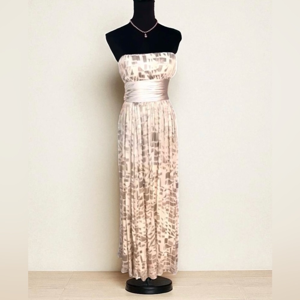 NWT - BCBGMaxAzria Long Chiffon Silk Flowy Silvery-Beige 
Gown - Picture 7 of 11